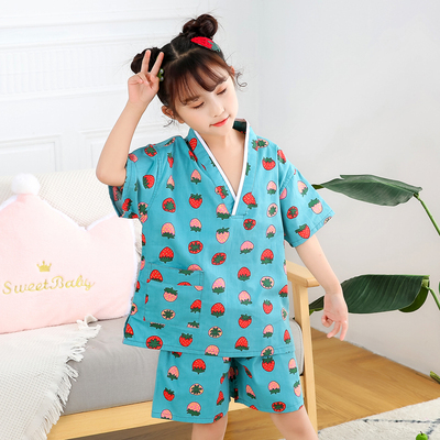 儿童汗蒸服纯棉男童女童可爱浴服睡衣大童小童卡通草莓全棉桑拿服