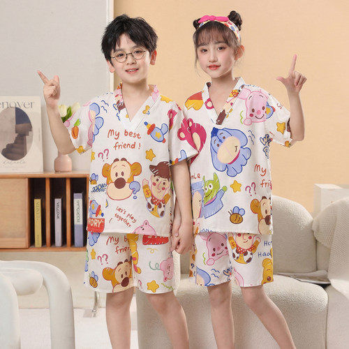 儿童纯棉汗蒸服女孩男童全棉浴服大童小童宝宝可爱透气睡衣桑拿服