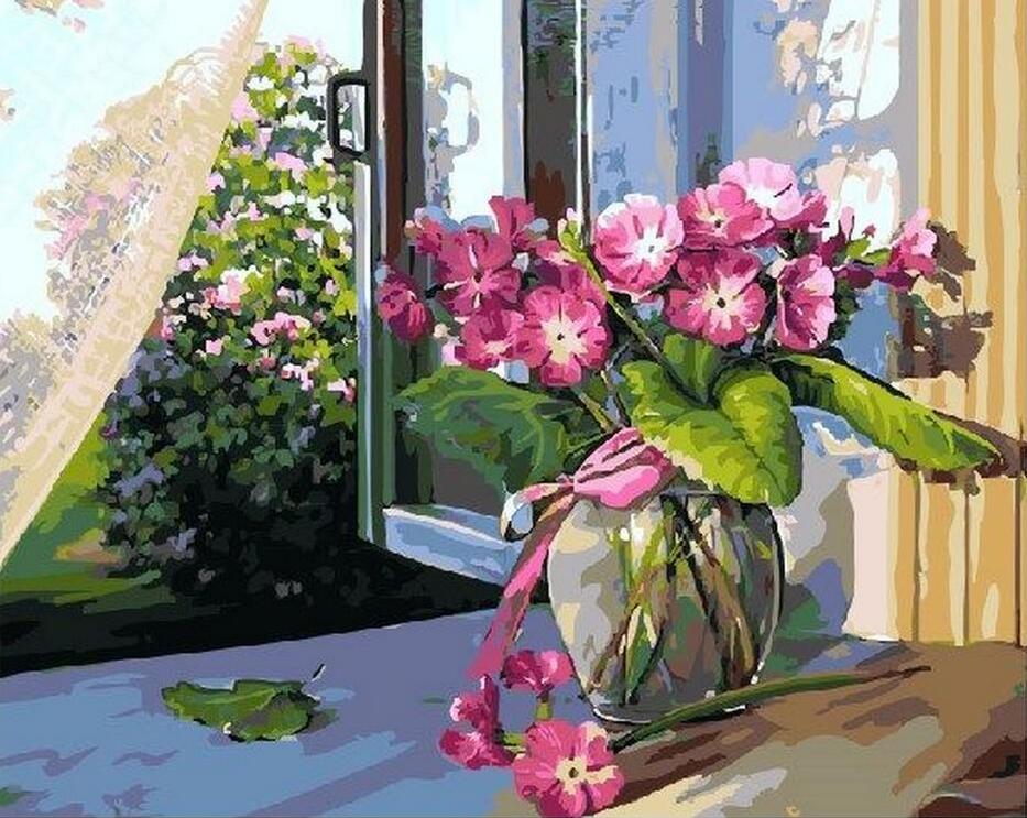 diy数字油画植物花卉填色绘油彩装饰画 窗台上的温馨花卉图片