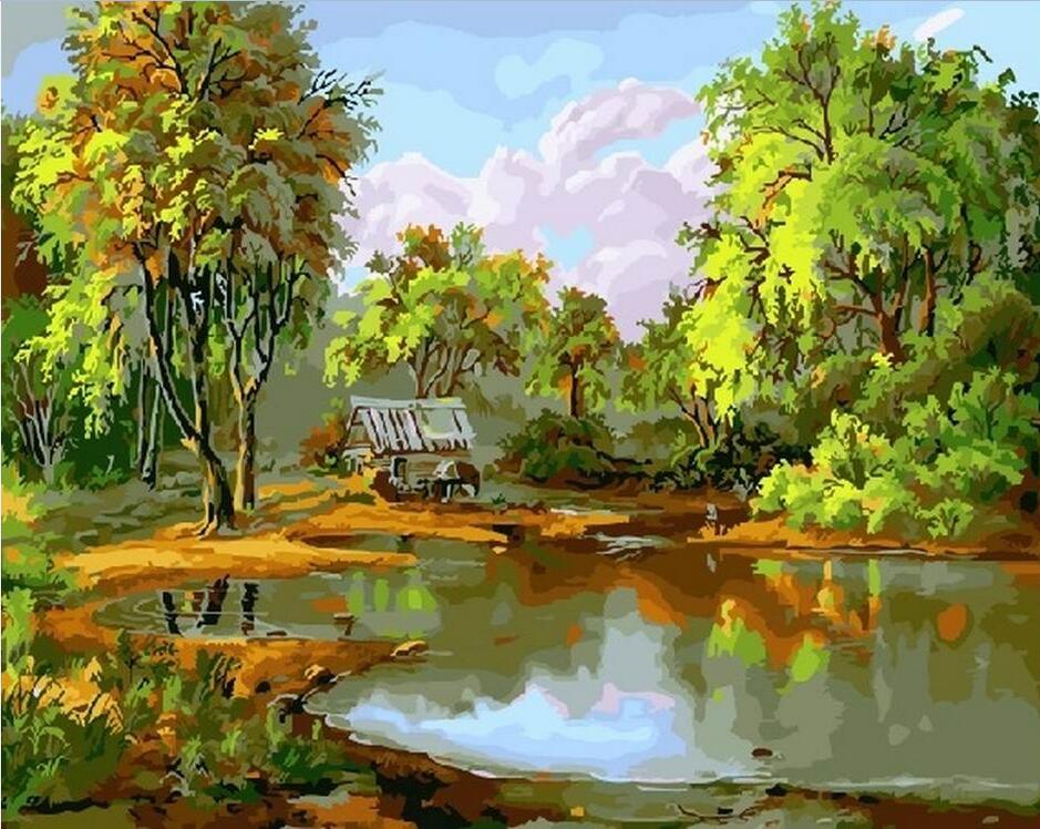 diy数字油画抽象风景填色绘油彩装饰画 湖边的小树