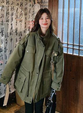 军绿色厚工装派克羽绒服C12-D81女冬季新设感小众加计白款鸭绒外