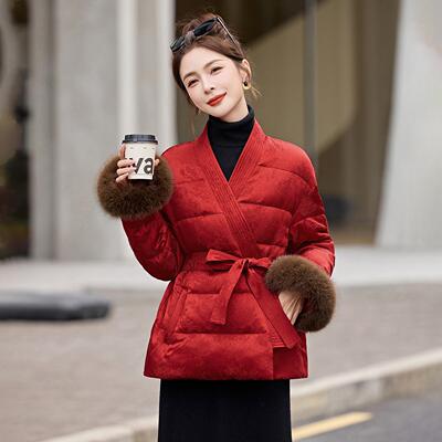 狐狸毛袖口带新年羽绒红服女新款领外宽松白鸭AH8176-1系绒套