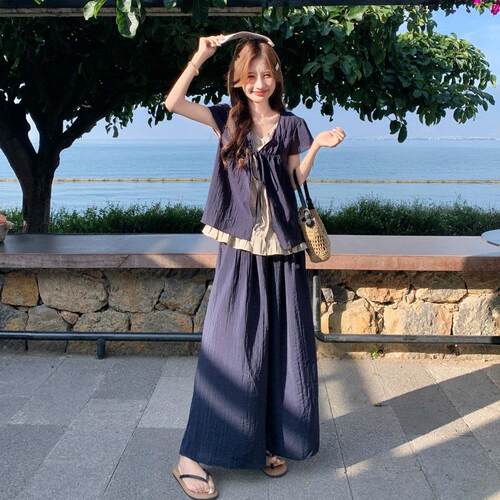 松弛感假袖D052-C55两裤件短套装阔女夏季新款韩系泡泡袖上衣腿两