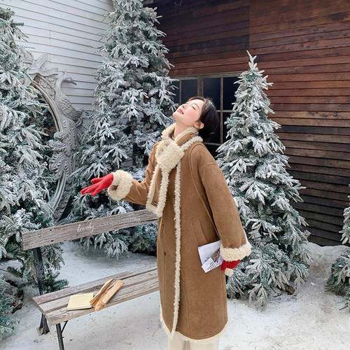韩厚版超好看皮毛一保体羊羔毛外套女冬新款中长款仿加D015-060暖