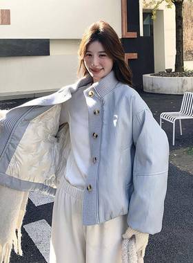 蓝色针织拼立领C01-860绒蛋款白皮羽绒服女冬短小个子韩系加厚白