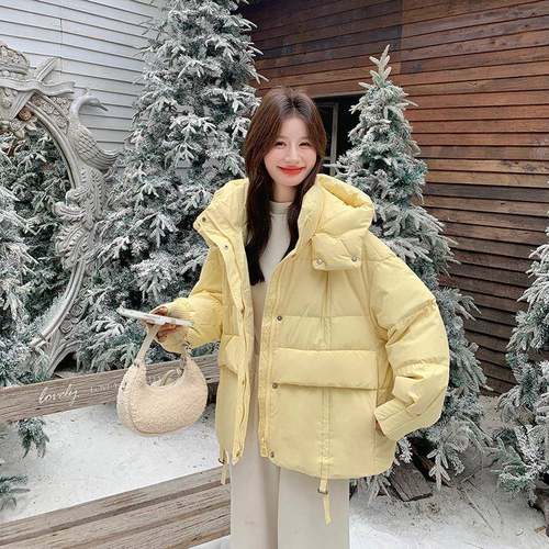 奶黄色连帽羽绒服女冬季款新系韩设计C010-257加感小个子厚白鸭绒