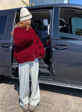 红色丝绒服羽绒服女冬季设计感立领短加款面厚包白鸭C196-81绒外