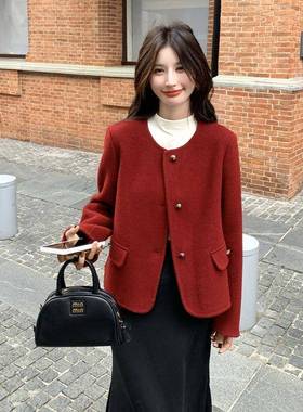 减龄红色C27-100面呢羊毛短外套冬女双季子新款小个超好看高级感
