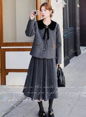 小香风套裙装C021-05秋冬新款超火高感灰色级银丝绒毛呢外撒套百