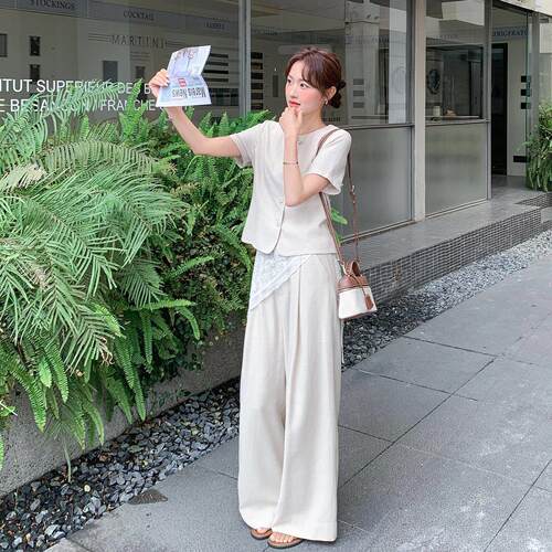 米腿杏色法式极简感套D058-A9装女初夏款时尚气质新上衣士阔裤两