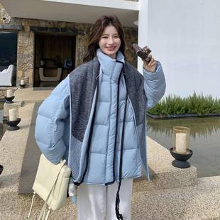 韩版 982领冬羽绒服女小个子新款 松减白龄鸭绒外 立D045 蓝宽色短款