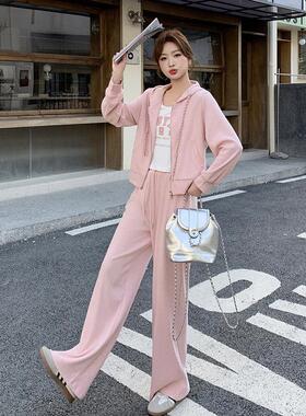 阔粉色韩版抽绳连帽运动休风卫衣套装女春季新款闲ZDIE6821裤腿三