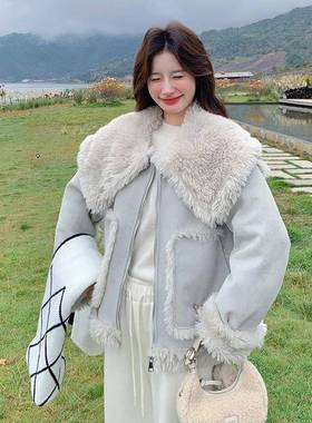 浅蓝色高级感气质版大毛领仿毛一体外C277-951套女新冬款韩减龄皮