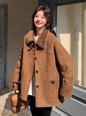 韩咖色羊毛外套女短厚款冬新款仿皮毛一D044-251体翻羔领加保版暖
