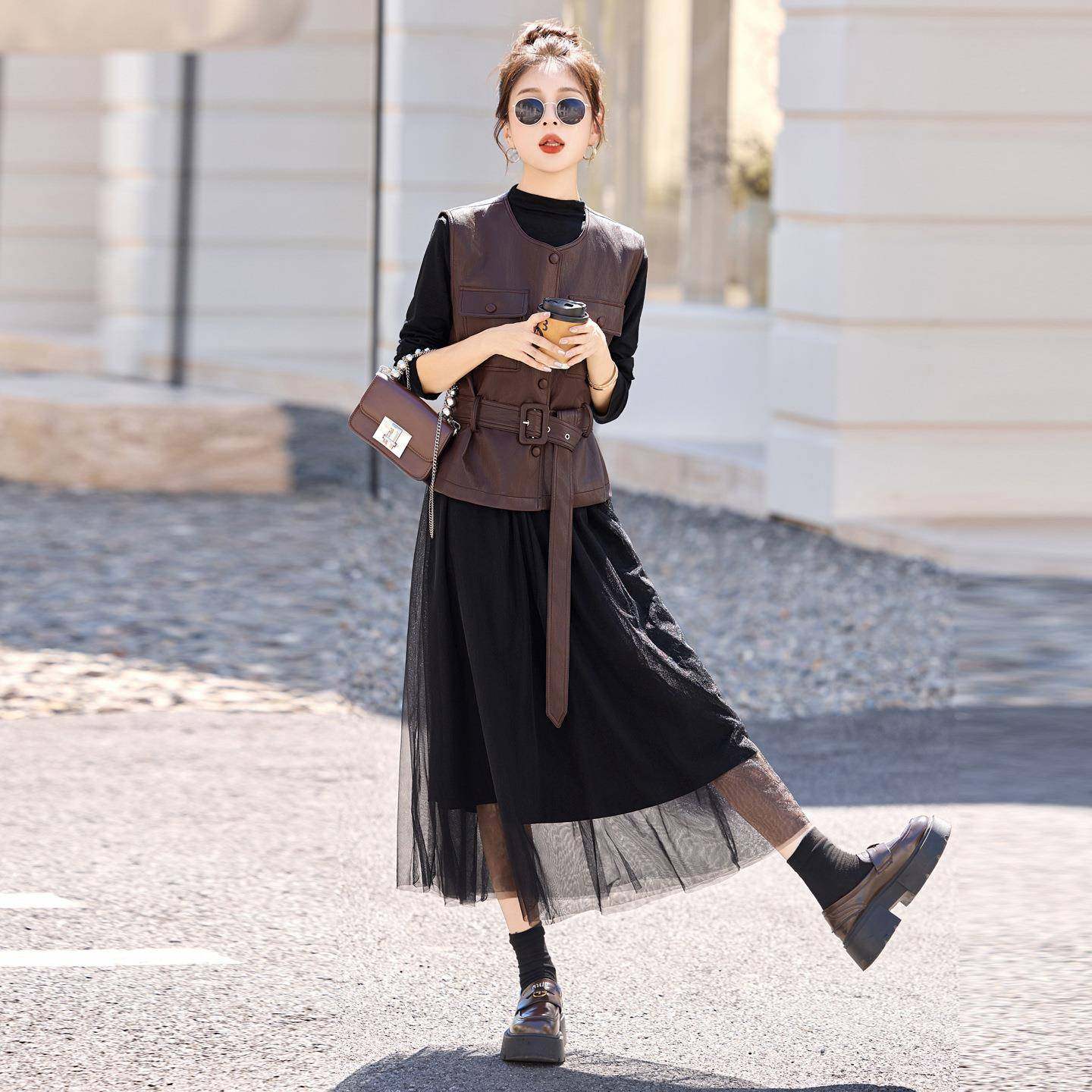 秋网冬季新款女装系带马甲YF2619-0长款纱裙尚两件套时裙连衣