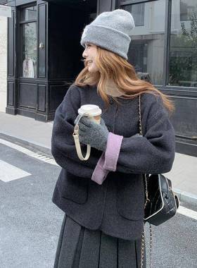 深灰色法式质气撞双面c182-811色呢羊毛大衣女冬季新款个小子加厚