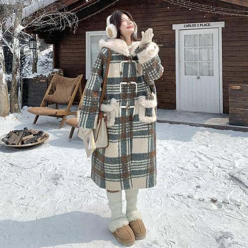 高级感超季好看纹圈圈呢大b260-71衣格女冬新拼接毛绒连帽呢子外