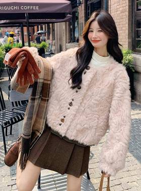 粉风色仿皮毛一体羔毛外套短款冬新甜美温羊c217-807柔保暖毛绒女
