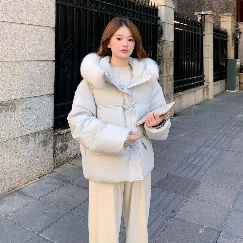 蓝色减超好看毛领短款连大羽绒服帽女冬季2B105-25甜美龄白鸭绒外