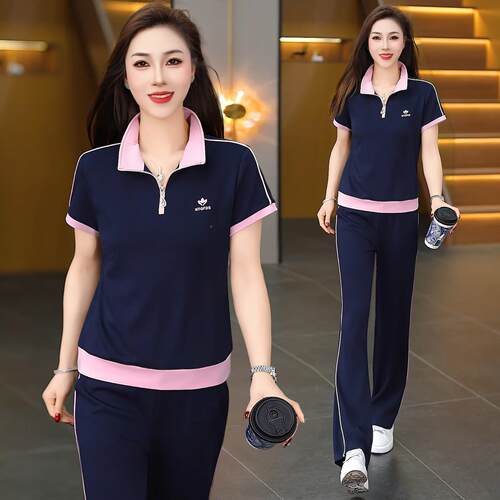 时尚立115-9621夏领运动套丝装女季新款短袖减龄显瘦拼件色冰休闲