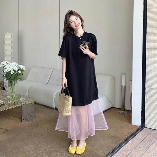 韩系撞拼接连衣裙女新款夏季色盐C393-983甜休闲松弛假两件可可恤