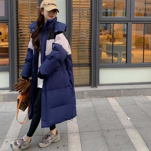 c100-Y82撞色面包羽绒服女长款过膝休冬外中套加厚季炸街韩系闲白