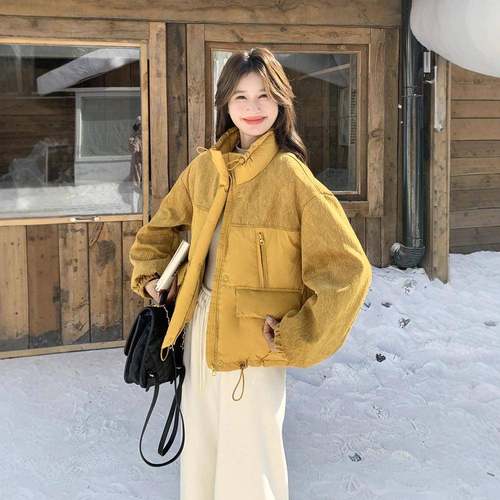 绒服黄色设计感拼接2B18-80短款立领羽女冬小子个洋气保暖白鸭绒