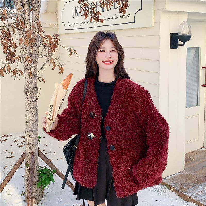 红色毛季绒外女套年酒冬新款时尚甜美温柔风减龄显瘦C118-M85保暖