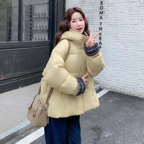黄女色格纹连帽羽绒服年冬季C27-991款尚保暖韩时系百搭白新鸭绒