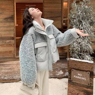 蓝色羊C176 羽绒服女冬小个子保暖厚绒实白鸭外 50浅羔毛拼接短款