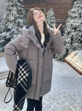 灰色韩系鸭中长款连2B071-50帽羽绒服女白冬今季年流行宽松保暖绒