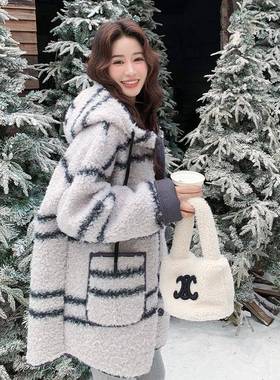 系松弛感连帽条纹C277-951羊羔毛外女冬韩季新套款尚保暖仿皮时毛
