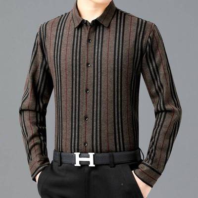 奢时端尚感衬衫冬季新款高羊8635-P绒加年厚寸衫男士经典条纹中青