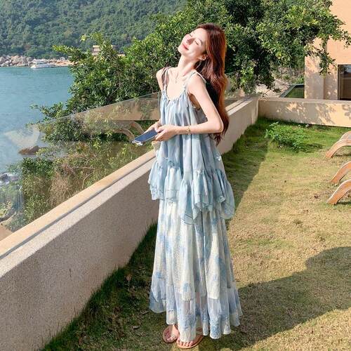 度C155-503假花拼色晕染套装裙女半夏立体朵吊带蕾丝风拼接身裙两