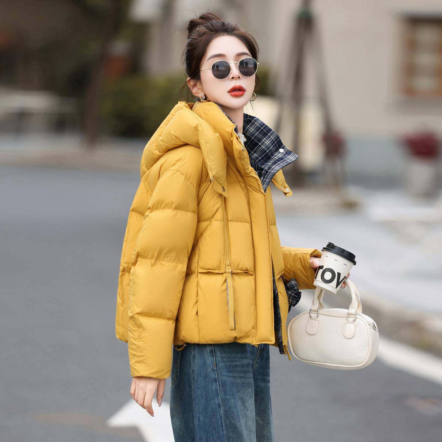 格帽纹拼立服领连羽绒女短接款冬新款小个子休闲减龄保暖ZYI267F