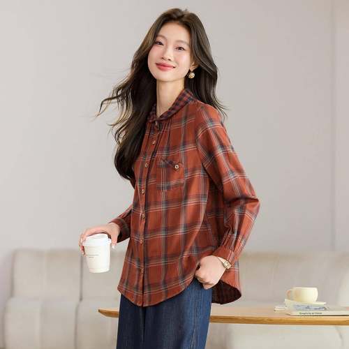 闲格子衬衫女春秋年宽中色年妈妈时ZYI995Q尚松休气质翻领撞长袖