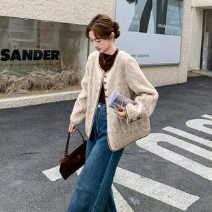 风小香撞色拼羊羔外套接女c196 毛衣编织纹仿皮毛一体大 81冬新款