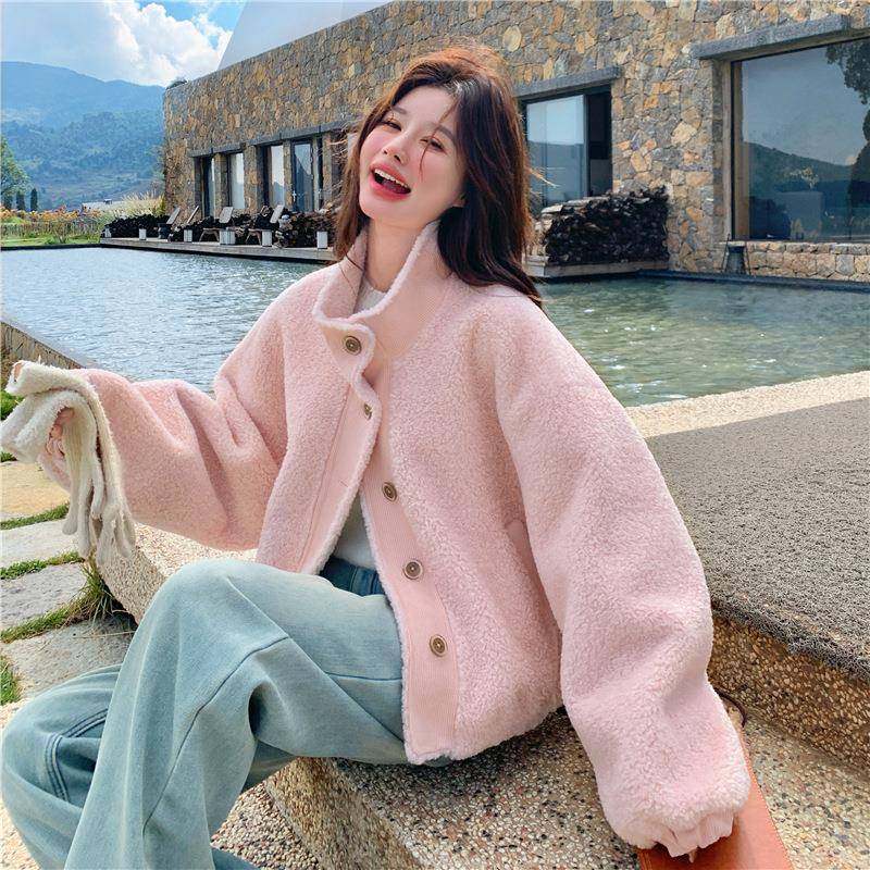 粉色仿皮毛一体羊棉羔毛外套女超C118-M86服好看冬洋气独特别小致