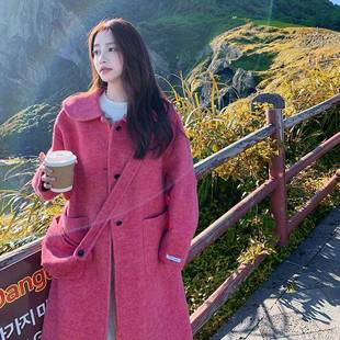 面羊毛 双款 西瓜红氛围毛呢外b102 912套女秋新韩系减冬感龄中长款