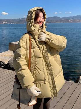 拼黄色针织c186-711帽接短款计羽绒服女冬韩系设感保暖连白鸭绒外