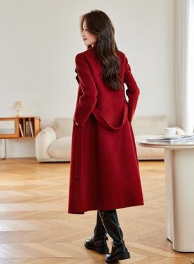 红色羊端毛双面呢子大衣女款秋中冬高时尚新气质长款毛ZYI512J呢