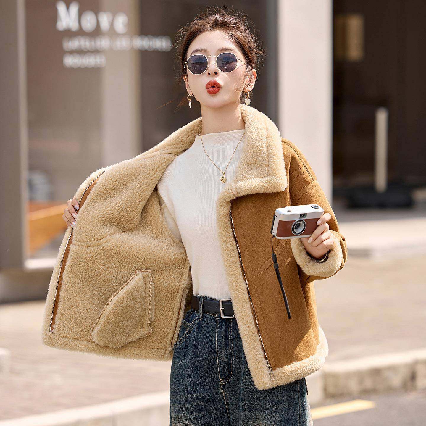 系时尚仿羊羔毛ZYING897短外套冬季新款翻韩领皮衣毛女一体保暖棉