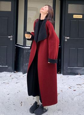 圣诞冬b207-182新年喜庆红款过膝羊毛双色面呢大衣长女新款高级感