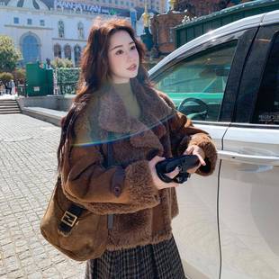 907克棉服 毛一体绒派c159 咖色复古短款 羊羔毛套新女冬仿外毛皮款