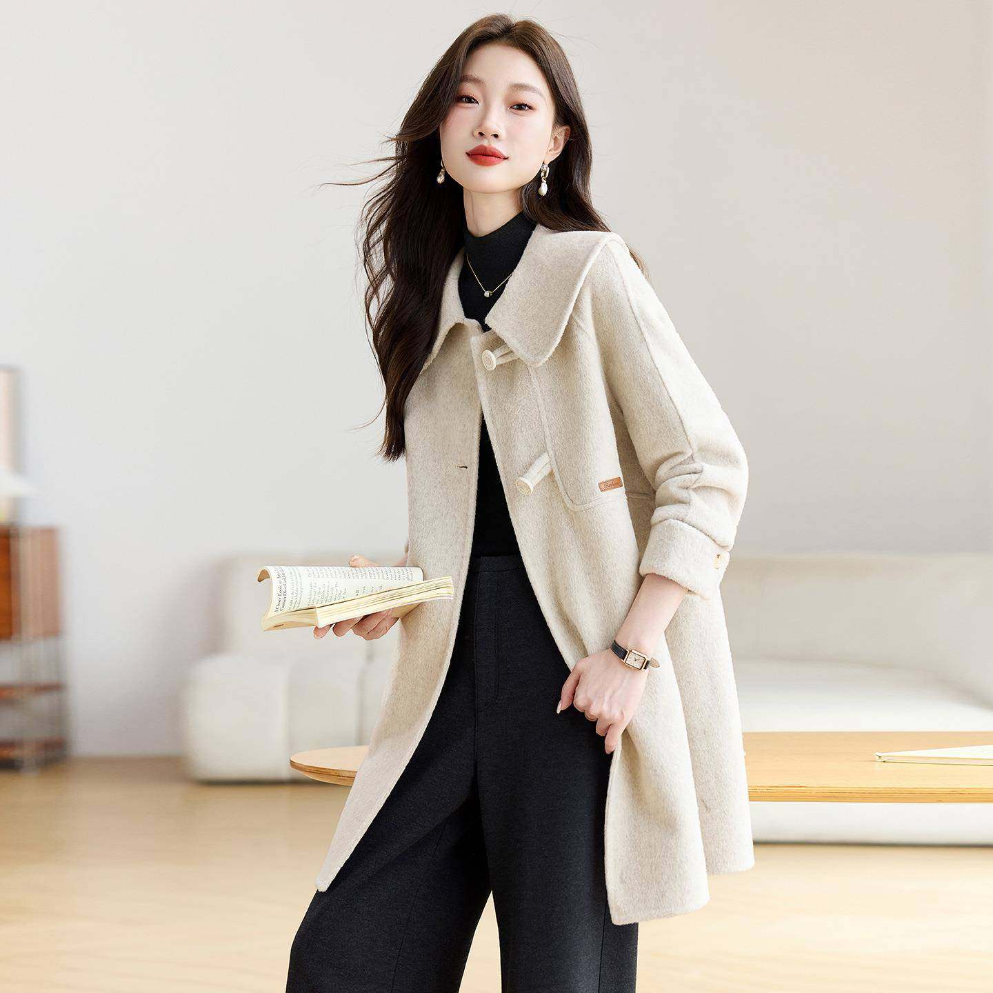 减面羊毛双ZYING0大衣女中长款秋冬季新款高级小感个子龄羊毛呢外