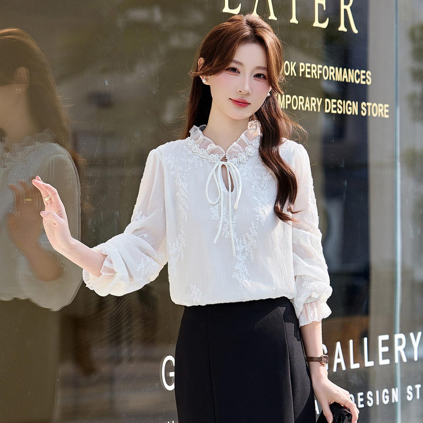 新级感法式刺长袖衬衫绣女ZHUOA12季春款褶皱系带领宽松小衫雪纺