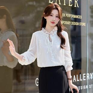 新级感法式刺长袖衬衫绣女ZHUOA12季春款褶皱系带领宽松小衫雪纺