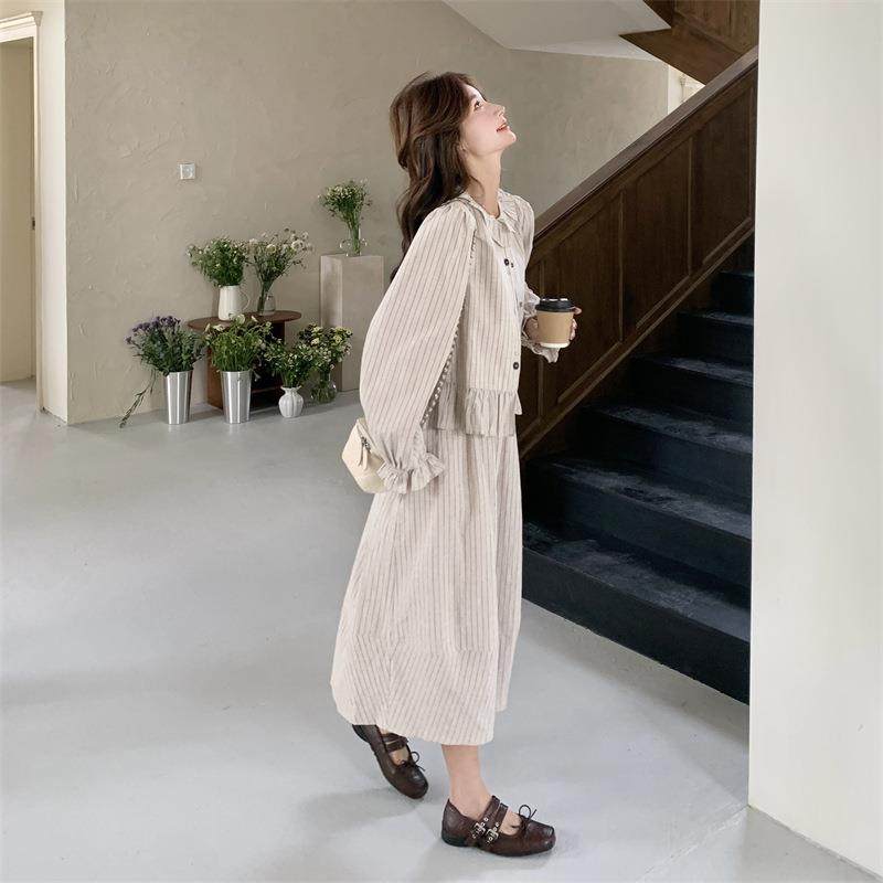 纹法式时尚条衬衫半新身裙装女套秋季款小个子洋气甜ZR2D120美两