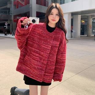 韩红色时髦外套女冬松季新款流行款休爆闲宽减龄设计感大C122-511