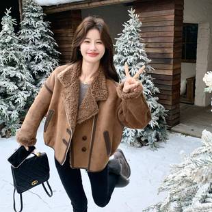 女小个子短款 好看 色 190仿皮毛一体羊羔毛棉服外冬新套款 棕b297
